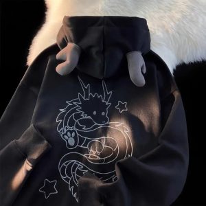 Fall Mystic Dragon Hoodie with Horns - 2000s Fashion Nostalgia Outfit