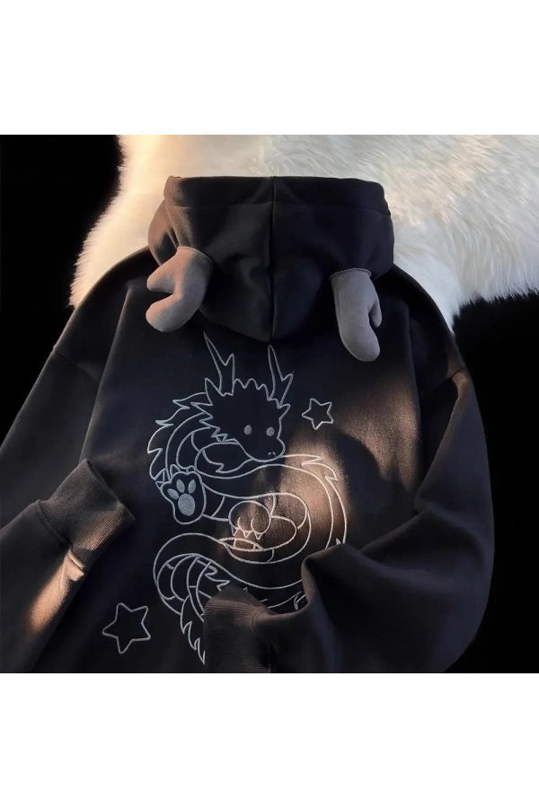 Fall Mystic Dragon Hoodie with Horns - 2000s Fashion Nostalgia Outfit