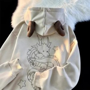 Fall Mystic Dragon Hoodie with Horns - 2000s Fashion Nostalgia Outfit