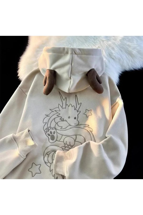 Fall Mystic Dragon Hoodie with Horns - 2000s Fashion Nostalgia Outfit