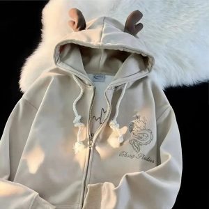 Fall Mystic Dragon Hoodie with Horns - 2000s Fashion Nostalgia Outfit