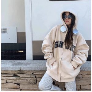 Fall Neutral Varsity Zip-Up Hoodie - 2000s Fashion Inspired Women's Wear