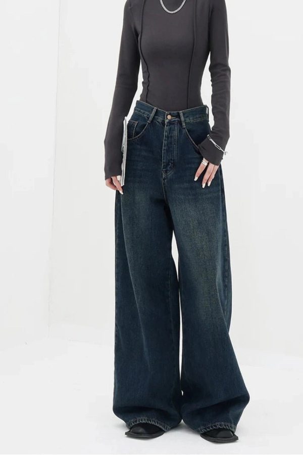 Fall Oversized Dark Wash Wide-Leg Jeans - 2000s Fashion Nostalgia Outfit