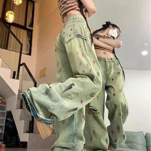 Fall Paint Splatter Grunge Wide-Leg Jeans - 2000s Fashion Nostalgia Outfit