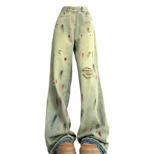 Fall Paint Splatter Grunge Wide-Leg Jeans - 2000s Fashion Nostalgia Outfit