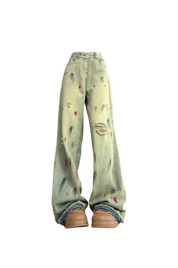 Fall Paint Splatter Grunge Wide-Leg Jeans - 2000s Fashion Nostalgia Outfit