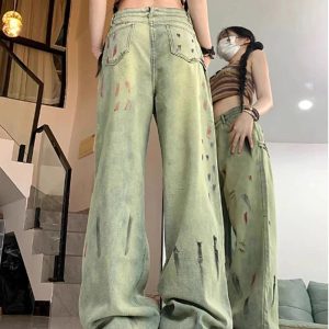 Fall Paint Splatter Grunge Wide-Leg Jeans - 2000s Fashion Nostalgia Outfit