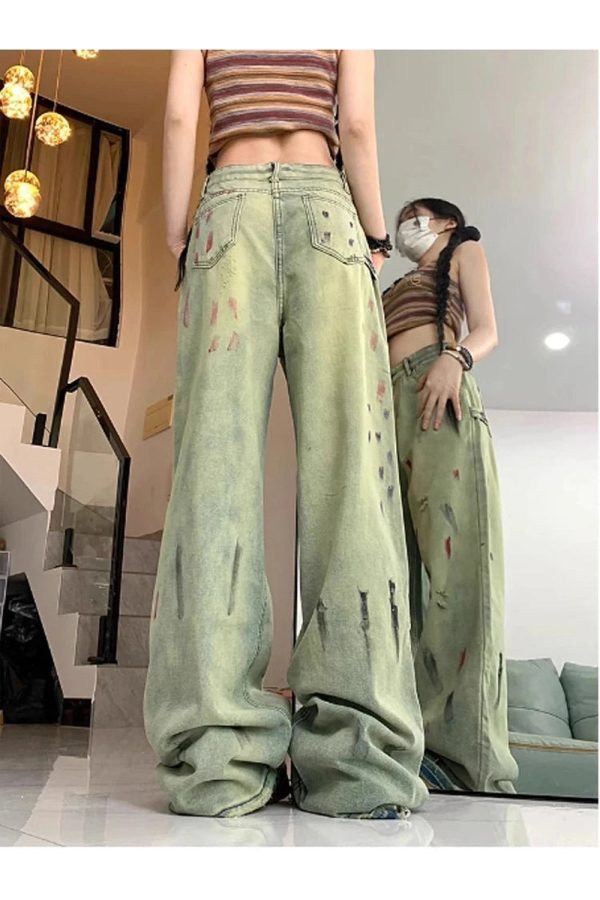 Fall Paint Splatter Grunge Wide-Leg Jeans - 2000s Fashion Nostalgia Outfit