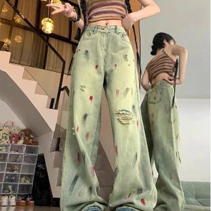 Fall Paint Splatter Grunge Wide-Leg Jeans - 2000s Fashion Nostalgia Outfit