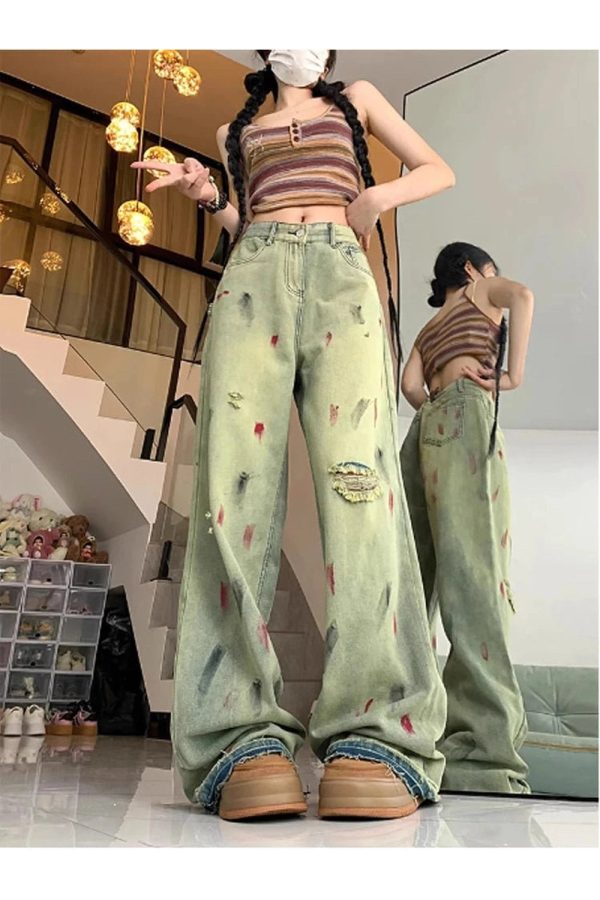 Fall Paint Splatter Grunge Wide-Leg Jeans - 2000s Fashion Nostalgia Outfit