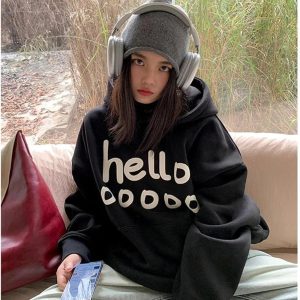 Fall Playful Hello Oversized Hoodie - 2000s Fashion Nostalgia Outfit