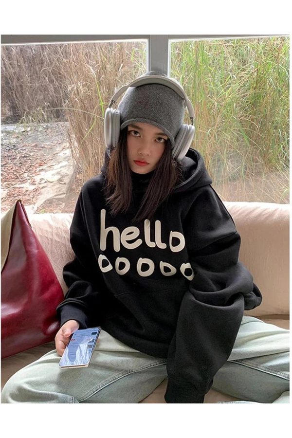 Fall Playful Hello Oversized Hoodie - 2000s Fashion Nostalgia Outfit