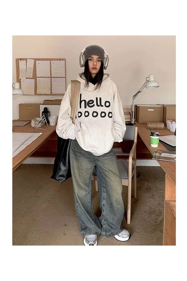 Fall Playful Hello Oversized Hoodie - 2000s Fashion Nostalgia Outfit