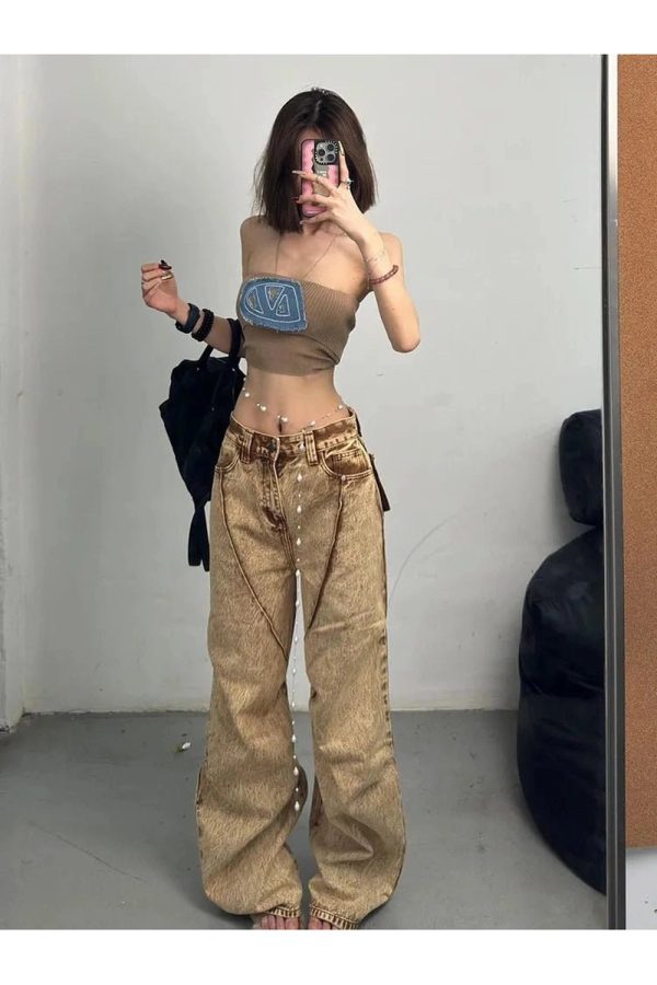 Fall Sandstone Washed Baggy Jeans - 2000s Fashion Nostalgia Outfit