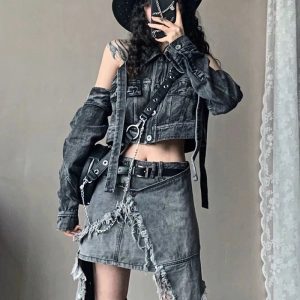 Fall Shredded Chaos Denim Set - 2000s Fashion, Y2K Aesthetic Outfit