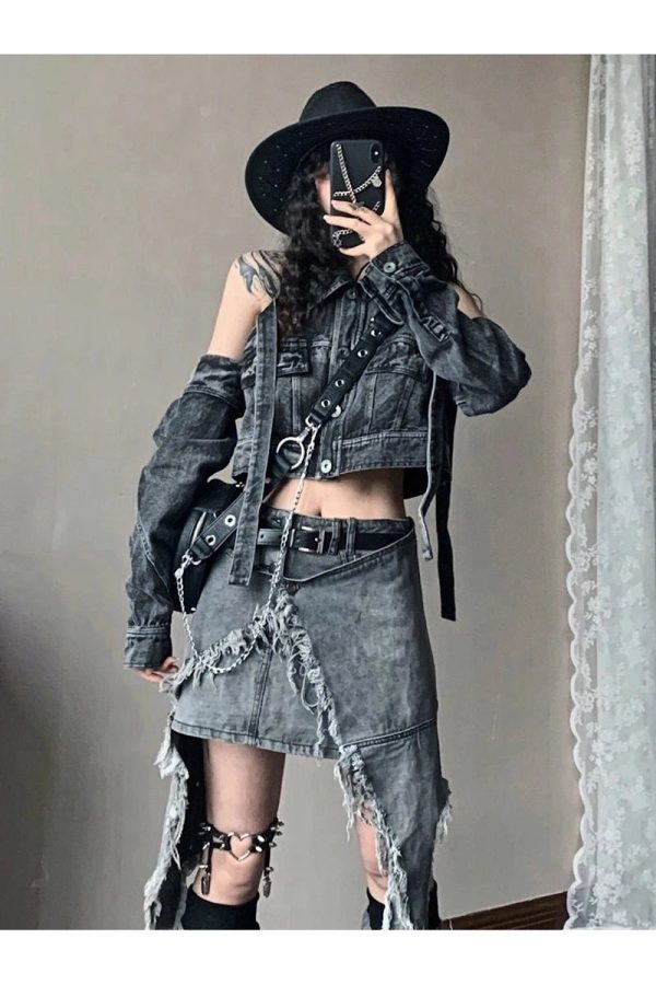 Fall Shredded Chaos Denim Set - 2000s Fashion, Y2K Aesthetic Outfit