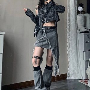 Fall Shredded Chaos Denim Set - 2000s Fashion, Y2K Aesthetic Outfit