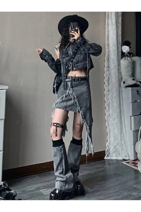 Fall Shredded Chaos Denim Set - 2000s Fashion, Y2K Aesthetic Outfit