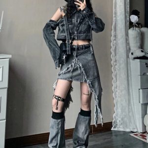 Fall Shredded Chaos Denim Set - 2000s Fashion, Y2K Aesthetic Outfit