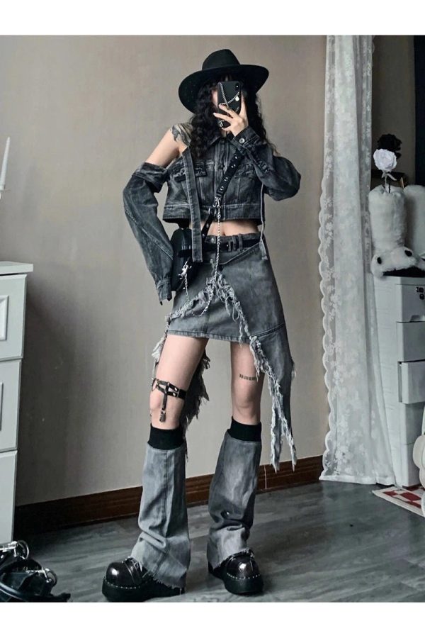 Fall Shredded Chaos Denim Set - 2000s Fashion, Y2K Aesthetic Outfit