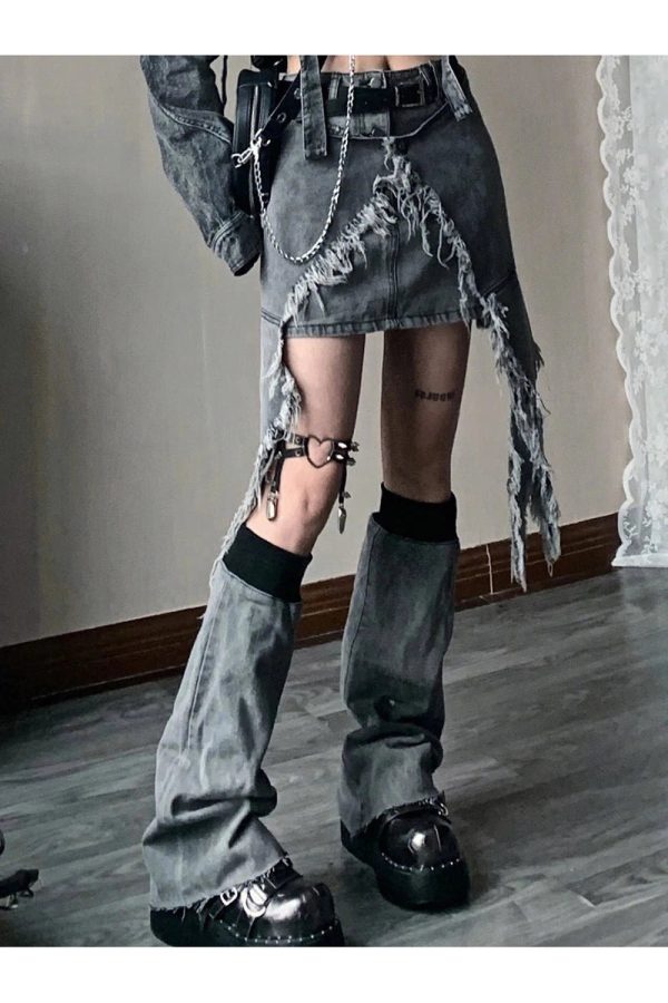 Fall Shredded Chaos Denim Set - 2000s Fashion, Y2K Aesthetic Outfit