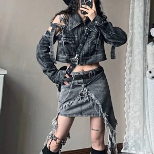 Fall Shredded Chaos Denim Set - 2000s Fashion, Y2K Aesthetic Outfit