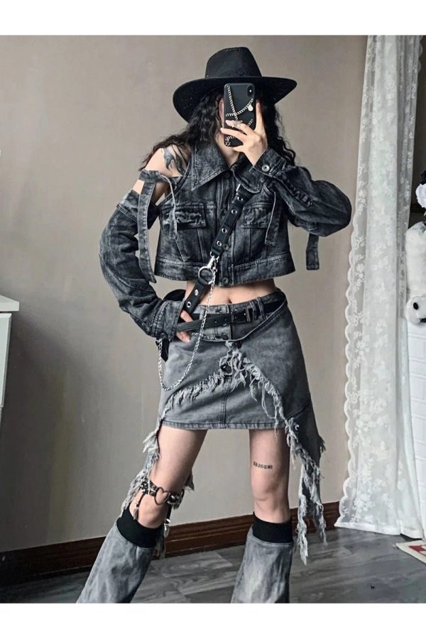 Fall Shredded Chaos Denim Set - 2000s Fashion, Y2K Aesthetic Outfit