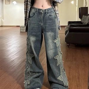 Fall Shredded Grunge Wide-Leg Jeans - 2000s Fashion Nostalgia Outfit