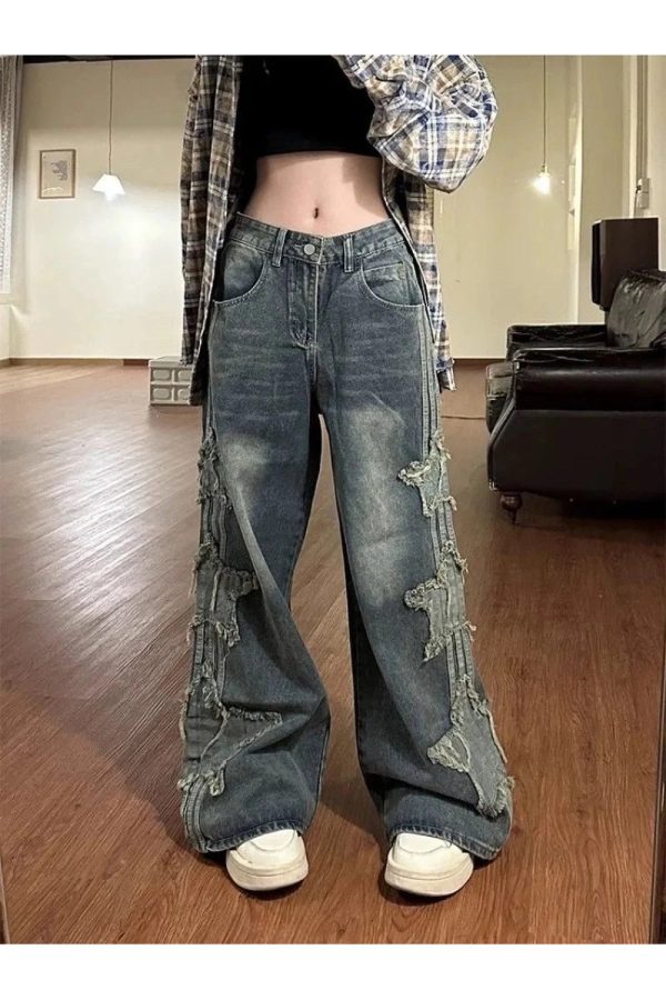 Fall Shredded Grunge Wide-Leg Jeans - 2000s Fashion Nostalgia Outfit