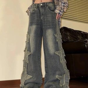 Fall Shredded Grunge Wide-Leg Jeans - 2000s Fashion Nostalgia Outfit