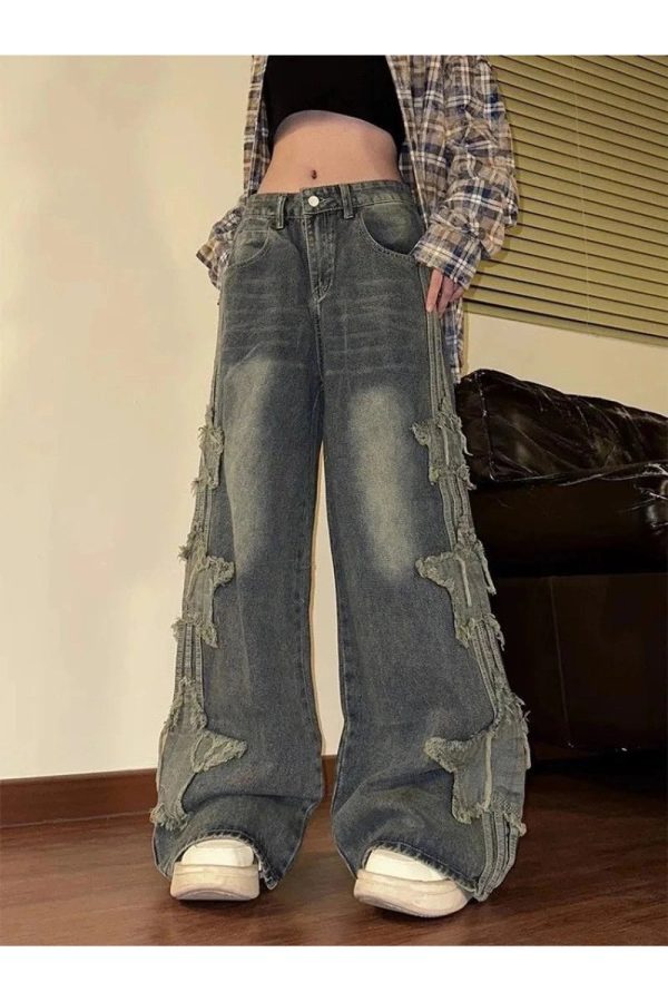 Fall Shredded Grunge Wide-Leg Jeans - 2000s Fashion Nostalgia Outfit