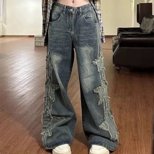 Fall Shredded Grunge Wide-Leg Jeans - 2000s Fashion Nostalgia Outfit