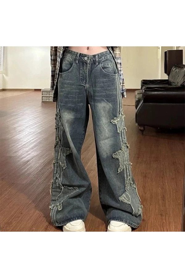 Fall Shredded Grunge Wide-Leg Jeans - 2000s Fashion Nostalgia Outfit