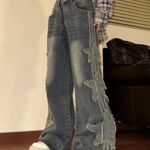 Fall Shredded Grunge Wide-Leg Jeans - 2000s Fashion Nostalgia Outfit