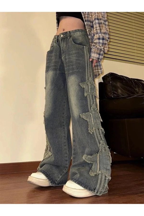 Fall Shredded Grunge Wide-Leg Jeans - 2000s Fashion Nostalgia Outfit