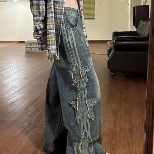 Fall Shredded Grunge Wide-Leg Jeans - 2000s Fashion Nostalgia Outfit