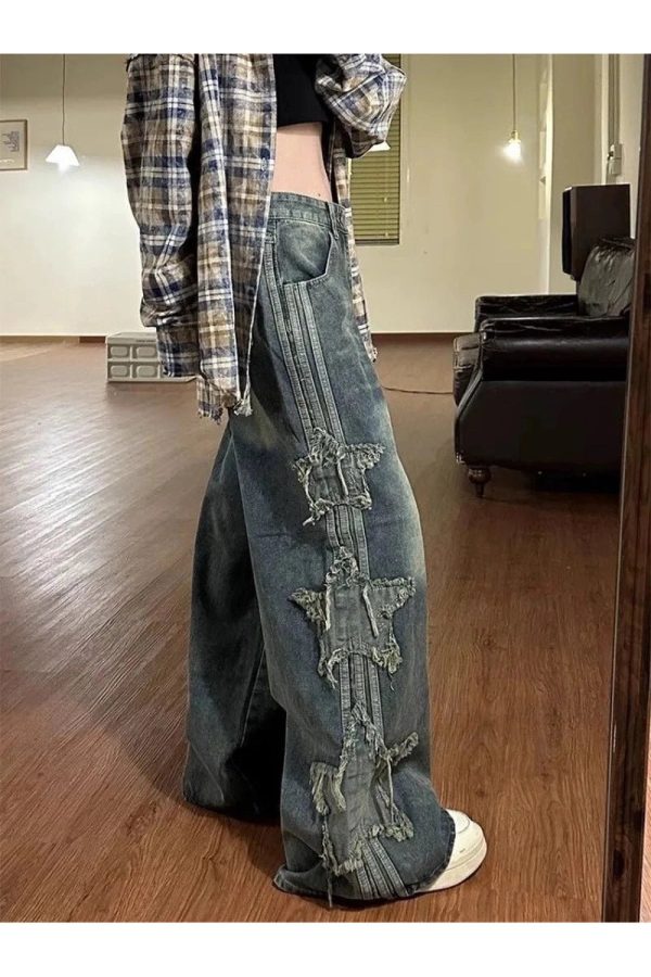 Fall Shredded Grunge Wide-Leg Jeans - 2000s Fashion Nostalgia Outfit