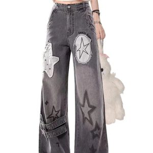 Fall Star Patchwork Wide-Leg Jeans - 2000s Fashion Nostalgia Outfit