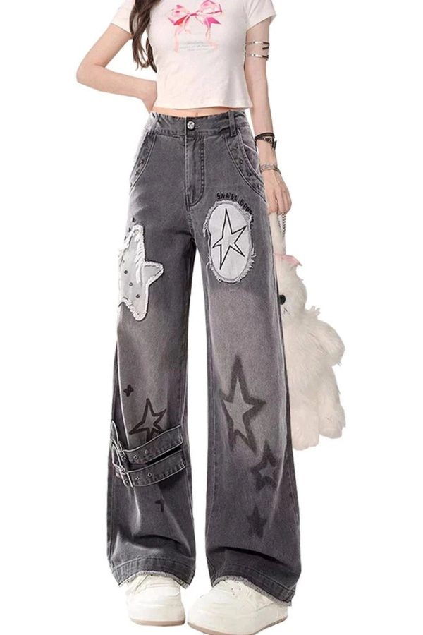 Fall Star Patchwork Wide-Leg Jeans - 2000s Fashion Nostalgia Outfit