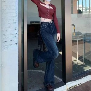 Fall Vintage Wash Flare Jeans - 2000s Fashion, Y2K Aesthetic Outfit