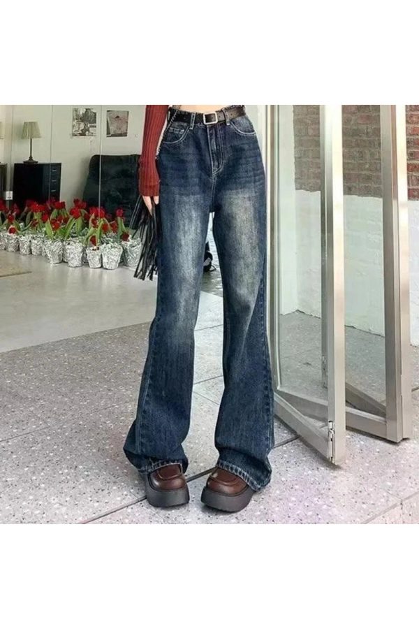 Fall Vintage Wash Flare Jeans - 2000s Fashion, Y2K Aesthetic Outfit