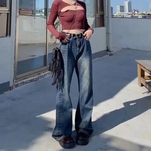 Fall Vintage Wash Flare Jeans - 2000s Fashion, Y2K Aesthetic Outfit