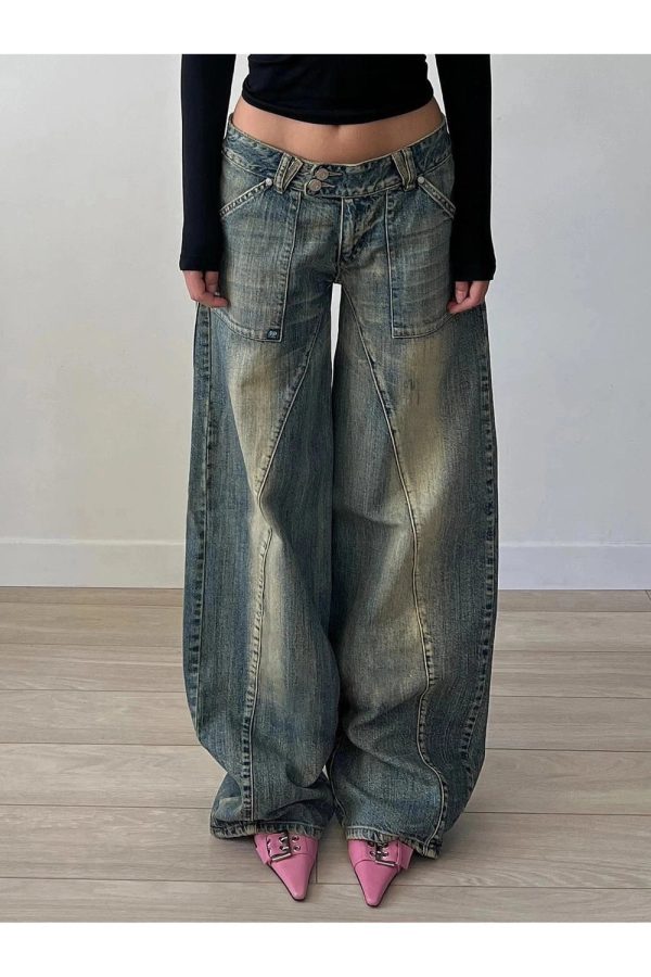 Fall Vintage Washed Baggy Jeans - 2000s Fashion Inspired Women's Outfit