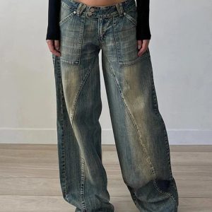 Fall Vintage Washed Baggy Jeans - 2000s Fashion Inspired Women's Outfit