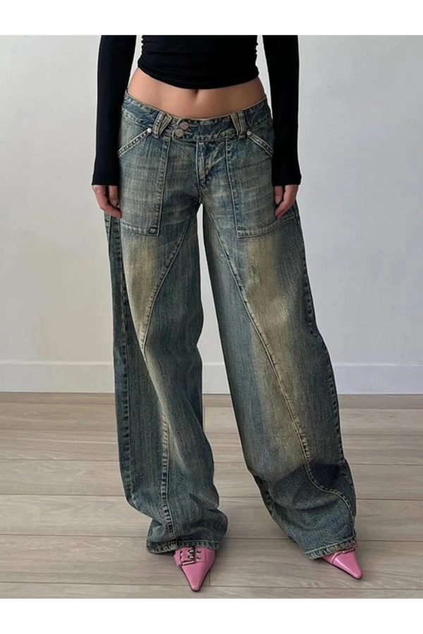 Fall Vintage Washed Baggy Jeans - 2000s Fashion Inspired Women's Outfit