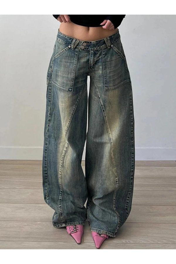 Fall Vintage Washed Baggy Jeans - 2000s Fashion Inspired Women's Outfit