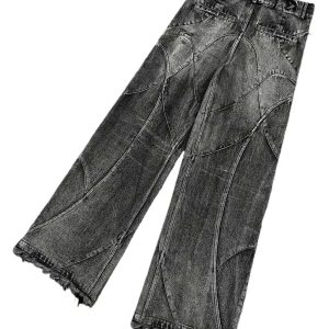 Fall Vintage Washed Patchwork Jeans - 2000s Fashion Inspired Outfit