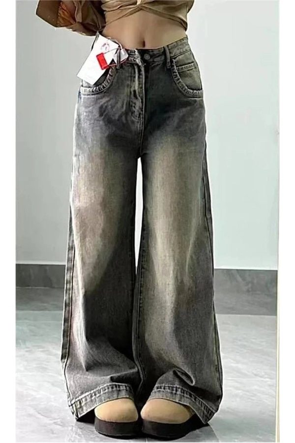 Fall Vintage Washed Wide-Leg Jeans - 2000s Fashion Nostalgia Outfit