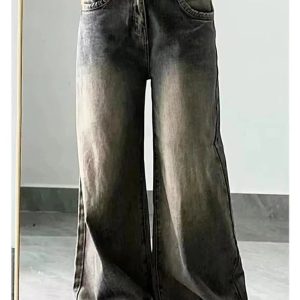 Fall Vintage Washed Wide-Leg Jeans - 2000s Fashion Nostalgia Outfit