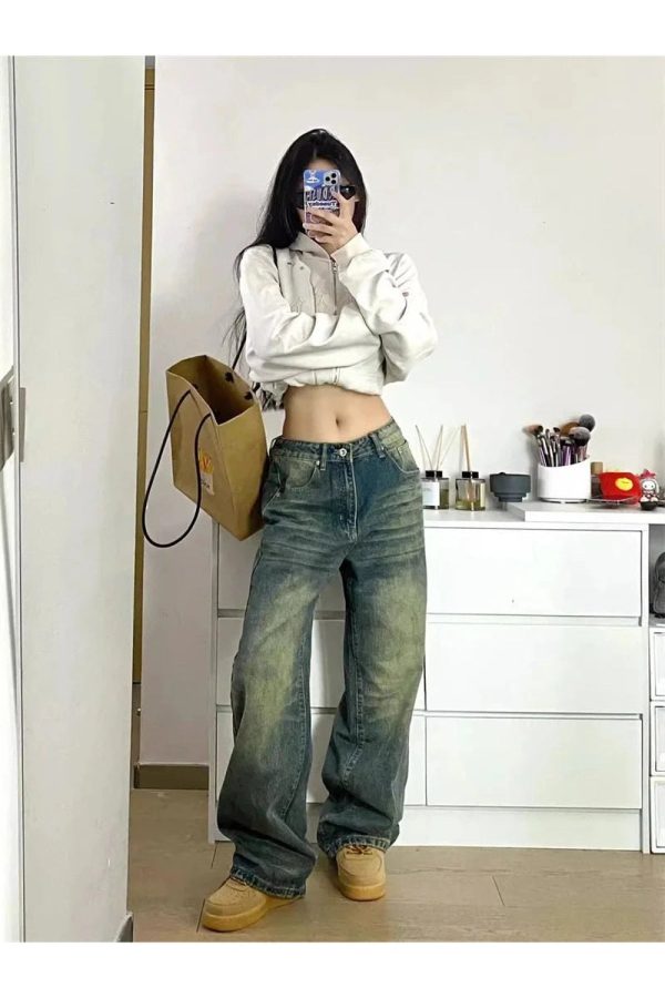 Fall Washed Low-Rise Baggy Jeans - 2000s Fashion Nostalgia Outfit